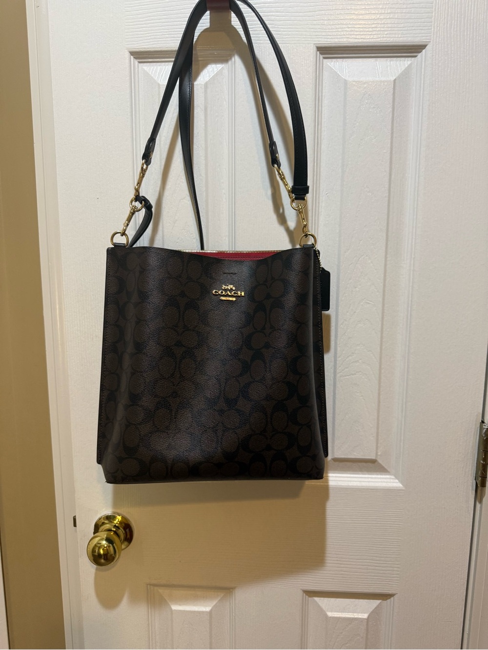 Coach Brown Signature Canvas Shoulder Bag with Red Interior